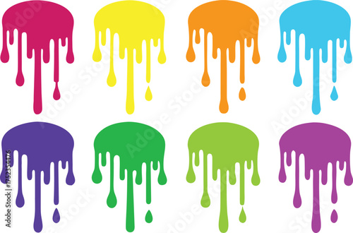 Collection of colorful dripping paint splatters and blobs in vibrant rainbow hues