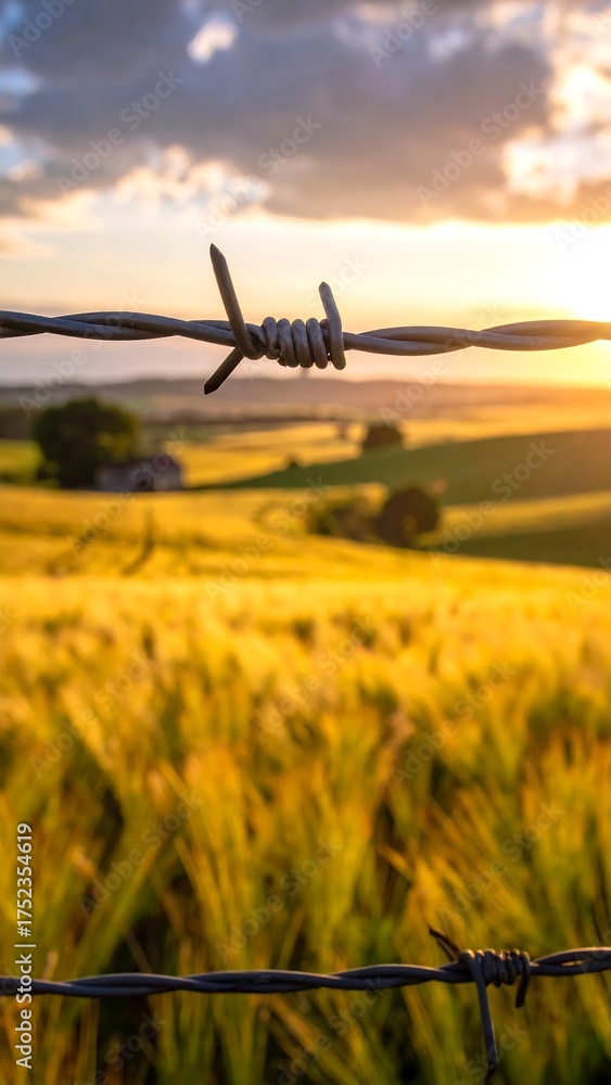 Naklejka premium Golden field with barbed wire fence at sunset