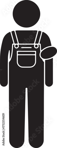 Black Silhouette of a Person Wearing Overalls and Holding an Oval Shape illustration icon