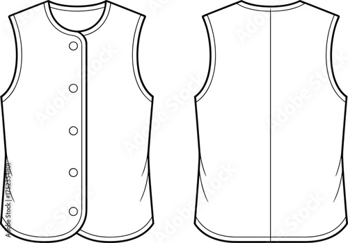 Cad drawing flat vector illustration of sleeveless round neck button-front vest top with curved hem, front and back fashion technical sketch
