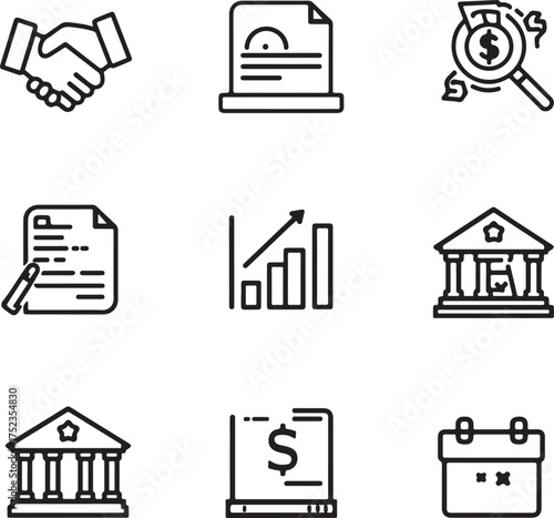 Business and finance icons including handshake, document, magnifying glass, bank, and calendar collection