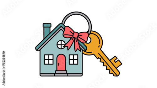 Charming house illustration with a key and ribbon, symbolizing home ownership and new beginnings.