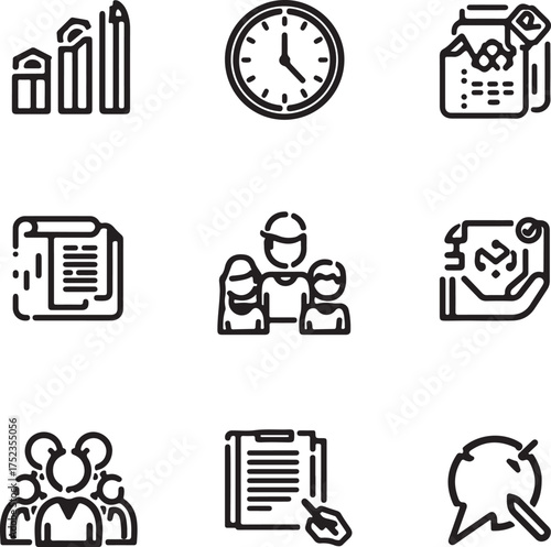 Business and Work Icons Including Pencils Clock Document Family Group and Hand Writing graph chart