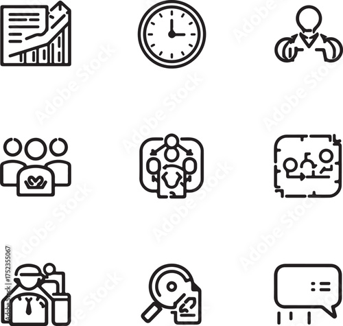 Business and Teamwork Icons with Graphs, Clock, and Meeting Symbols document paper