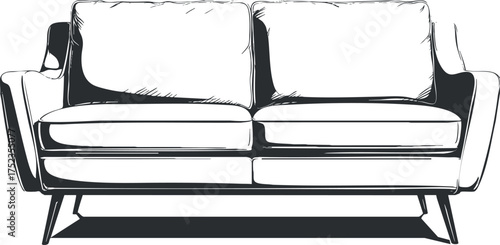 Black and white sketch of a modern sofa with cushions, showcasing minimalist interior design.