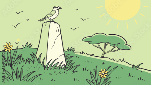 A bluff standing in a meadow with a bird perched on its back/