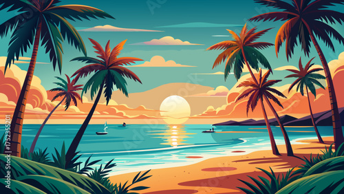 Very beautiful sunrise view of Smathers Beach in Key West, framed by tall palm trees and golden light reflecting on tranquil turquoise waters.

