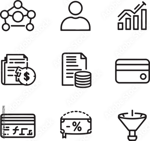 Collection of Black and White Line Icons Illustrating Financial Concepts and Business Growth finance