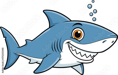 Cartoon smiling shark, ocean animal illustration, underwater marine predator, cute vector shark, toothy grin fish, blue sea creature art, aquatic wildlife character design clipart