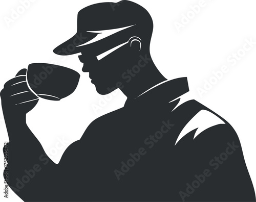 Silhouette of a man wearing a hat, sipping from a cup, in a minimalist style.