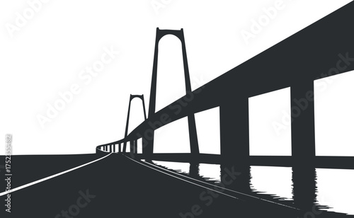 Silhouette of a modern bridge spanning over water with reflections, in black and white.