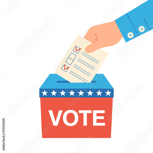 Hand placing vote in ballot box with stars illustrating the democratic process and civic duty in elections