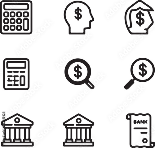 Nine black and white icons for finance and business including calculator money search and bank