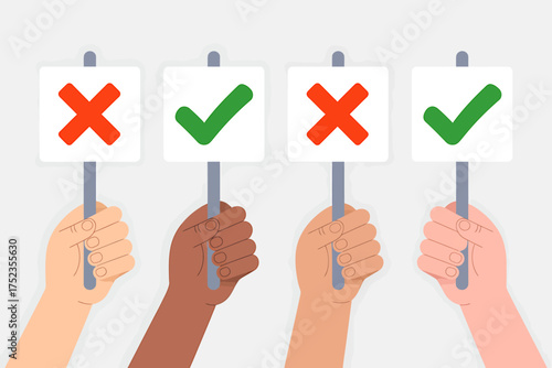 Diverse Hands Holding Checkmark and X Signs Expressing Opinions and Voting Choices in Modern Society Illustrating Agreement Disagreement and Decision Making