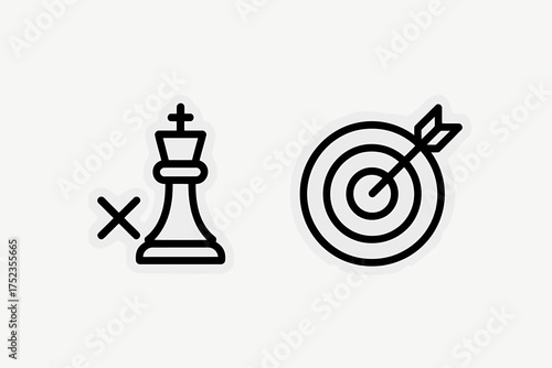 Strategic planning versus achieving goals illustration showcasing a king chess piece being rejected next to a bullseye target representing success