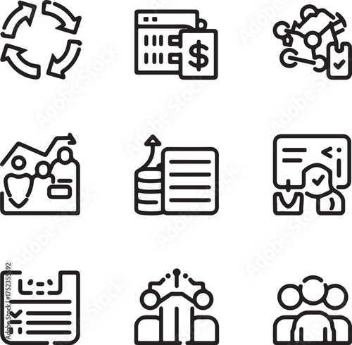 Nine Business and Finance Icons Representing Growth Strategy and Teamwork With Outline Style black