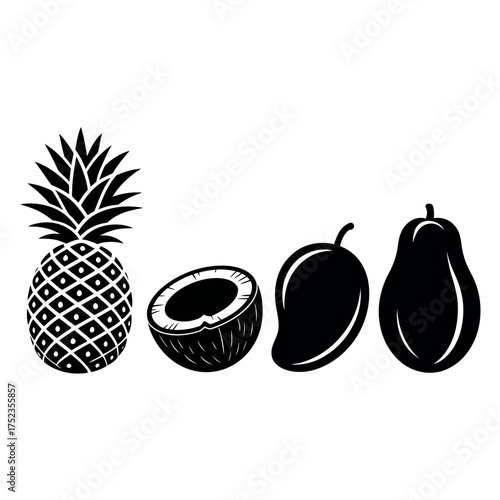 Tropical fruit assortment featuring pineapple coconut mango and papaya isolated on white background creating a summer food concept design element