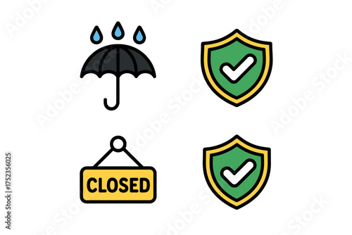 Minimalist Icon Set Featuring Protection from Rain and Business Closure on a White Background