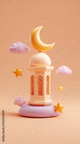 Ramadan Lantern Illustration with Crescent Moon and Stars.