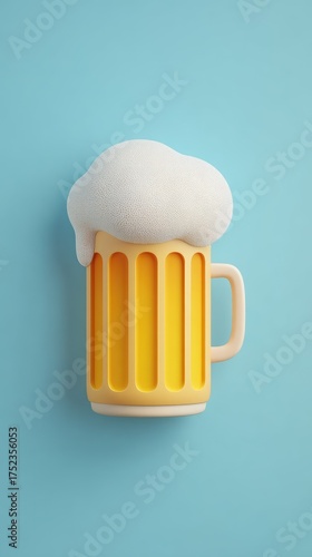 Refreshing Beer Mug with Frothy Foam on Blue Background.