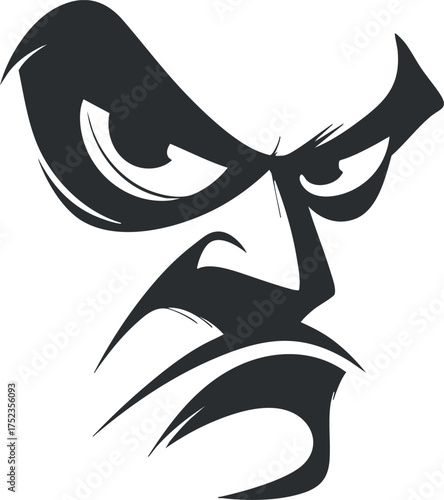Black and white illustration of an angry face with bold, stylized features and intense expression.