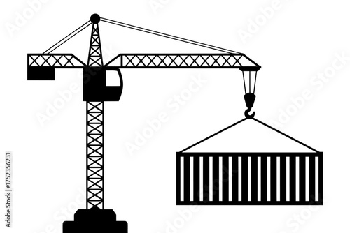 Silhouette of a Construction Crane Lifting a Shipping Container Ready for Transport in Logistics and Transportation Processes