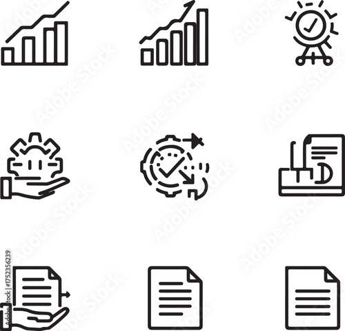 Set of nine business and finance related line icons including charts, documents, and gears collection