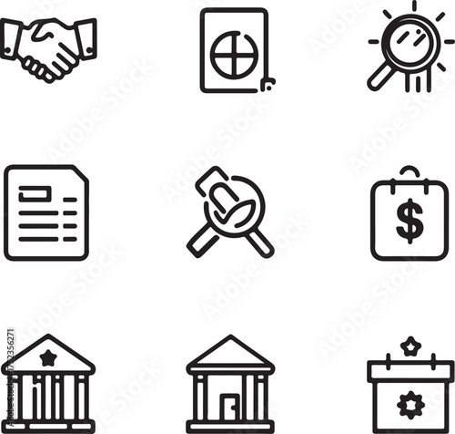 Set of nine business and finance related line art icons including handshake magnifying glass document and bank