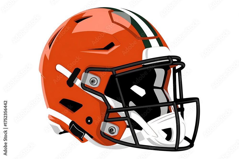 Naklejka premium Vivid Illustration of a Football Helmet with Classic Stripes and Bold Colors Isolated on White for Sport Enthusiasts