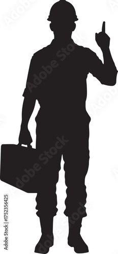 Silhouette of a construction worker holding a briefcase and pointing upwards with his index finger on a white background