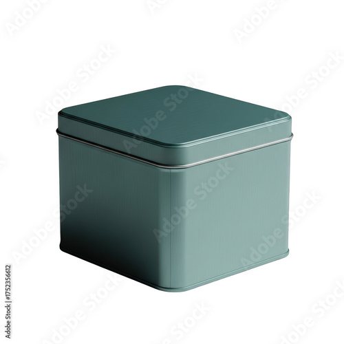A green square tin box with lid for storage and packaging product photography illustration