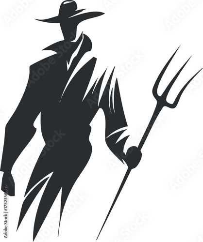 Silhouette of a farmer holding a pitchfork, wearing a hat, symbolizing agriculture and rural life.