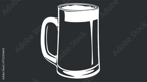 Black and white illustration of a frothy beer mug with a handle on a dark background.