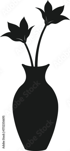 Silhouette of a vase with two flowers isolated on white background isolated on transparent background