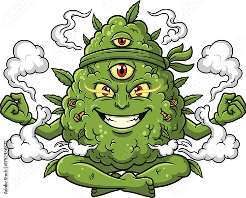 Funny marijuana bud cartoon, weed guru character, smoking joints, third eye, meditating pot plant, trippy illustration, green stoner mascot, vapor clouds, comic cannabis design