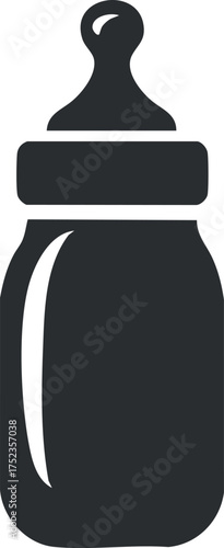 Black and white silhouette of a baby bottle with nipple, used for infant feeding.