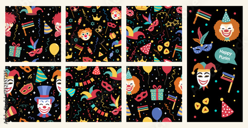 Happy Purim Jewish Holiday seamless pattern set. Traditional Purim carnival symbols  design icon set for greeting card. 