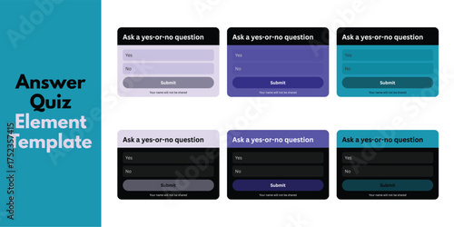 Yes or no answer quiz element template, interactive survey poll form, binary question UI interface design with submit button, modern colorful web app feedback component, digital user response widget