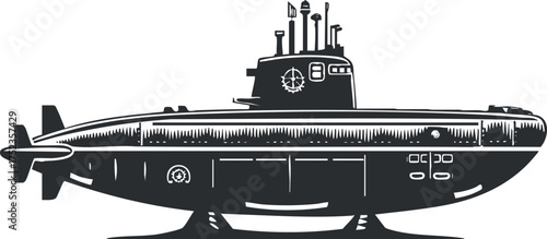 Black and white illustration of a submarine in a retro silhouette style.