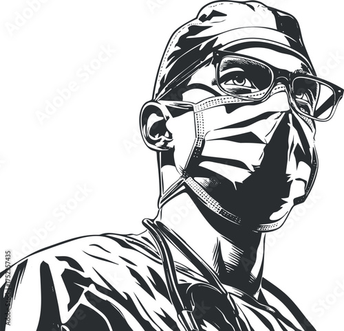 Black and white illustration of a doctor wearing a mask, glasses, and stethoscope.