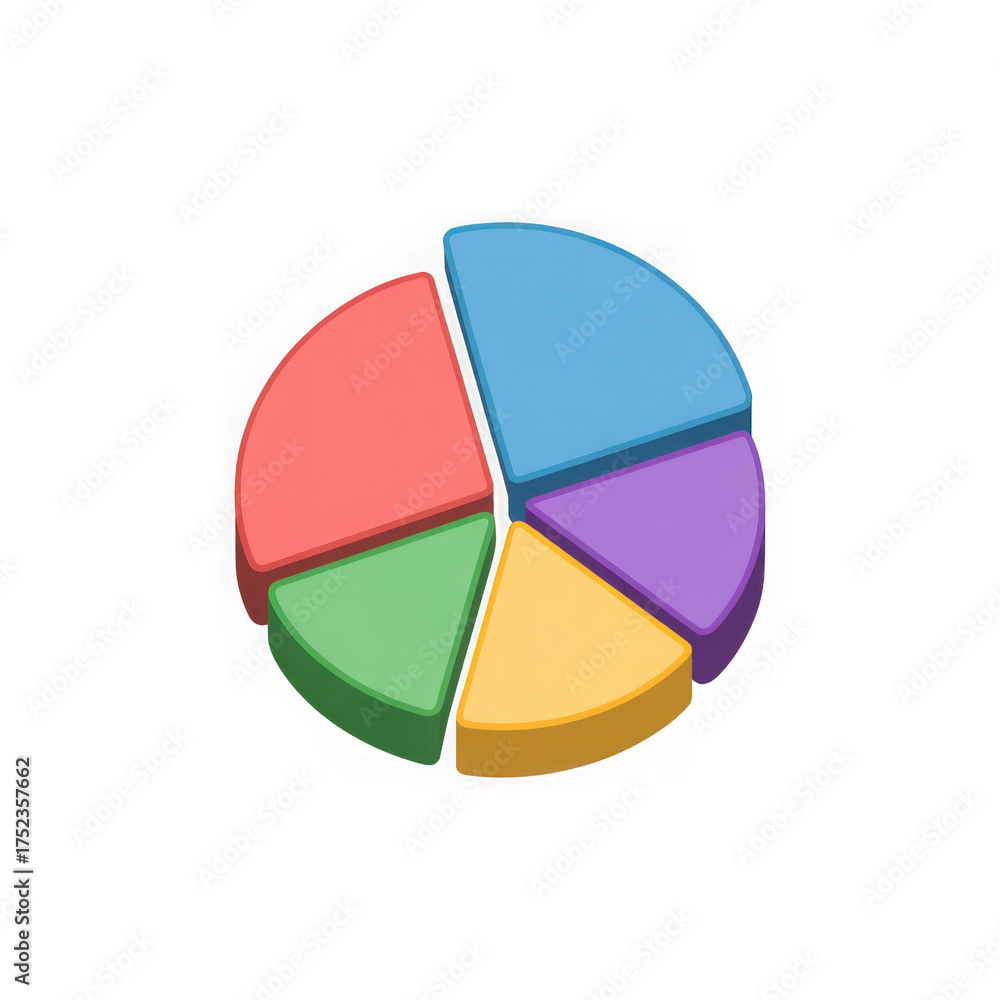 Obraz premium Colorful 3d pie chart with five segments isolated on transparent background