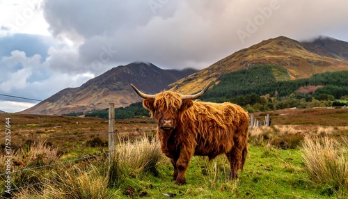 A majestic, long-haired, horned bovine stands calmly in a grassy field with a mountain backdrop under a cloudy sky