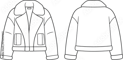 Shearling collar bomber jacket CAD flat, fashion technical vector illustration, winter outerwear design front and back view for styling