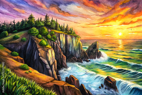 coastal cliff, rugged rocks, crashing waves, grassy plateau, windswept trees, vibrant sunset, oceanic nature, travel art