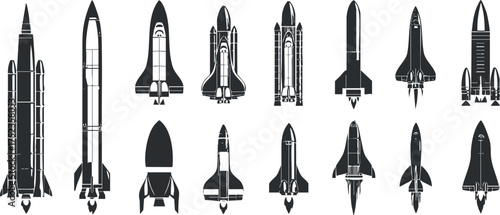 A collection of various rocket and space shuttle silhouettes in black and white vector format.