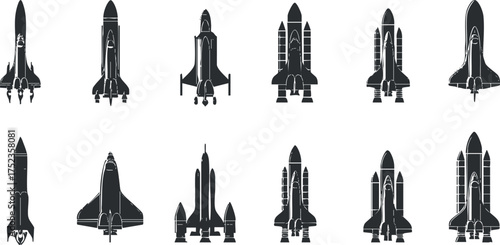 Set of black and white vector illustrations of various space shuttle designs in silhouette.