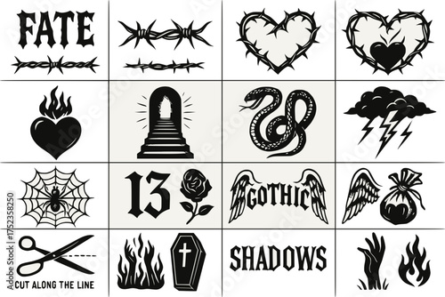 Gothic Symbol Set in Black and White with Dark Typography and Emotional Icons