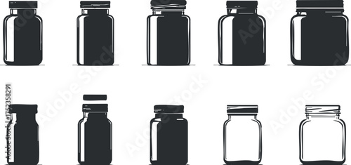 Set of vector silhouette illustrations of various jars and bottles for design and packaging.