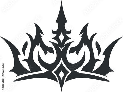 Black tribal crown tattoo design with sharp, symmetrical elements and intricate patterns.