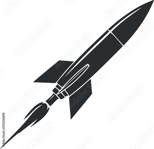 Black and white silhouette of a rocket in flight with a trail, symbolizing space exploration.